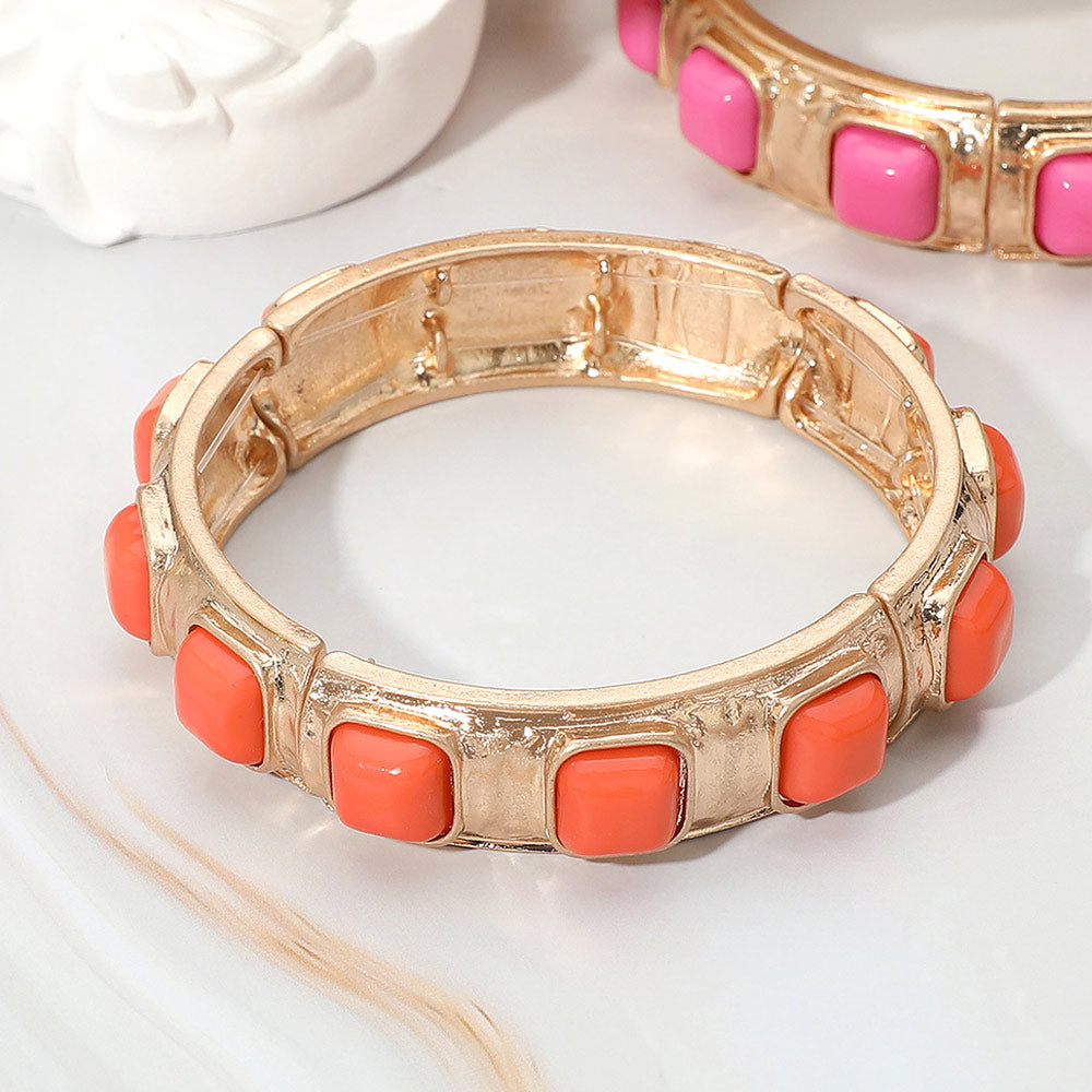 Square Bead Embellished Hammered Metal Stretch Bracelet