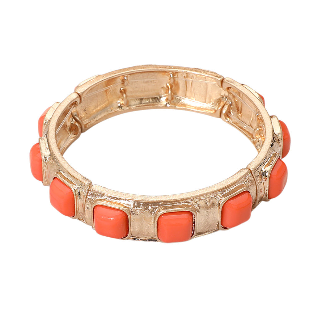 Square Bead Embellished Hammered Metal Stretch Bracelet