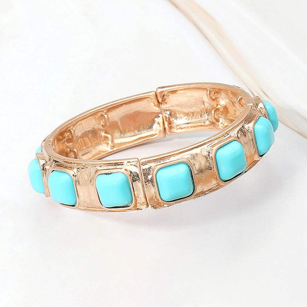Square Bead Embellished Hammered Metal Stretch Bracelet
