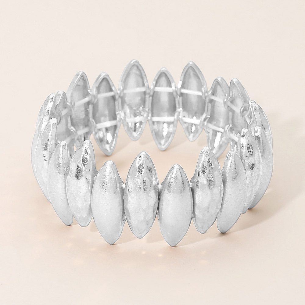 Bold Hammered Metal Marquise Beaded Stretch Bracelet