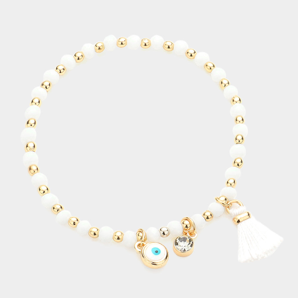 Evil Eye Round Stone Tassel Charm Faceted Beaded Stretch Bracelet