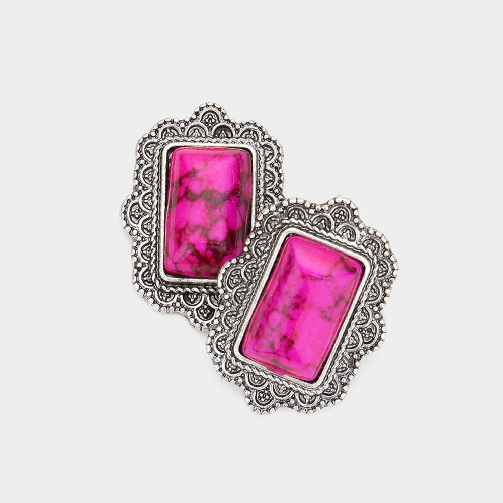 Natural Stone Rectangle Antique Metal Stud Earrings