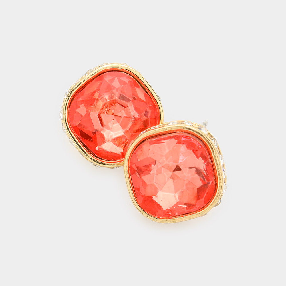 Women's Rhinestone Trimmed Square Stone Evening Stud Earrings