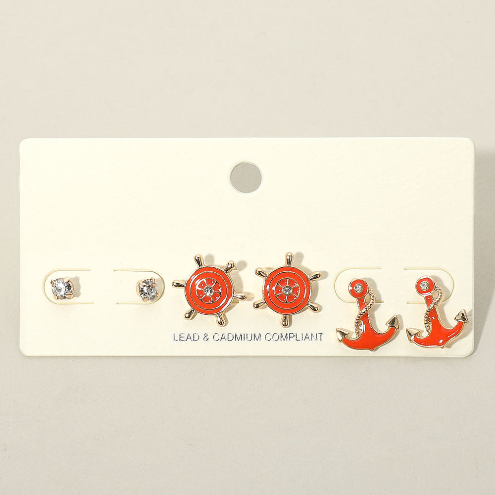 3PCS - Stone Embellished Enamel Ship Wheel Anchor Stud Earring Set