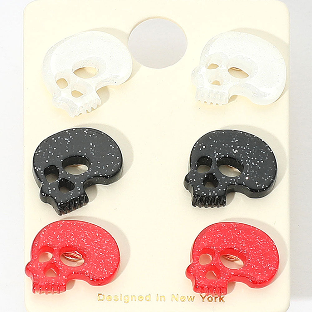 3Pairs - Glittered Resin Skull Stud Earring Set