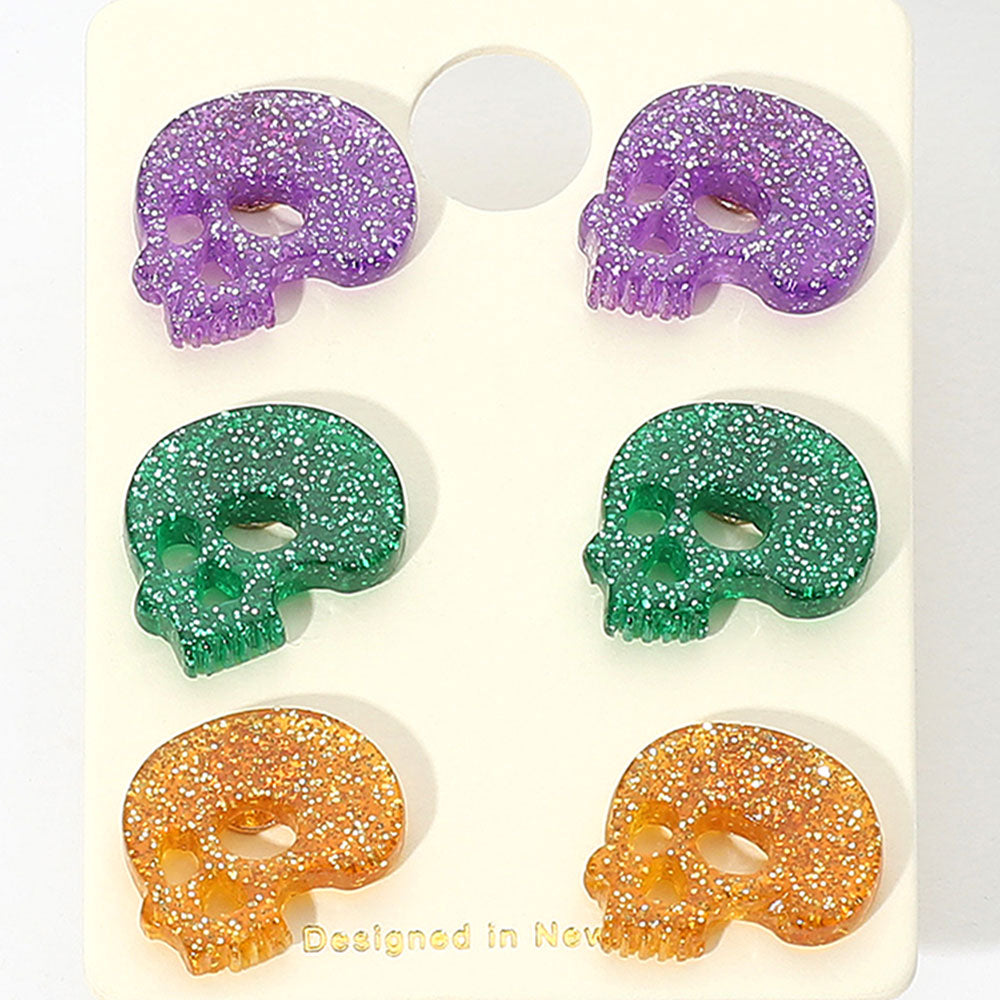 3Pairs - Glittered Resin Skull Stud Earring Set