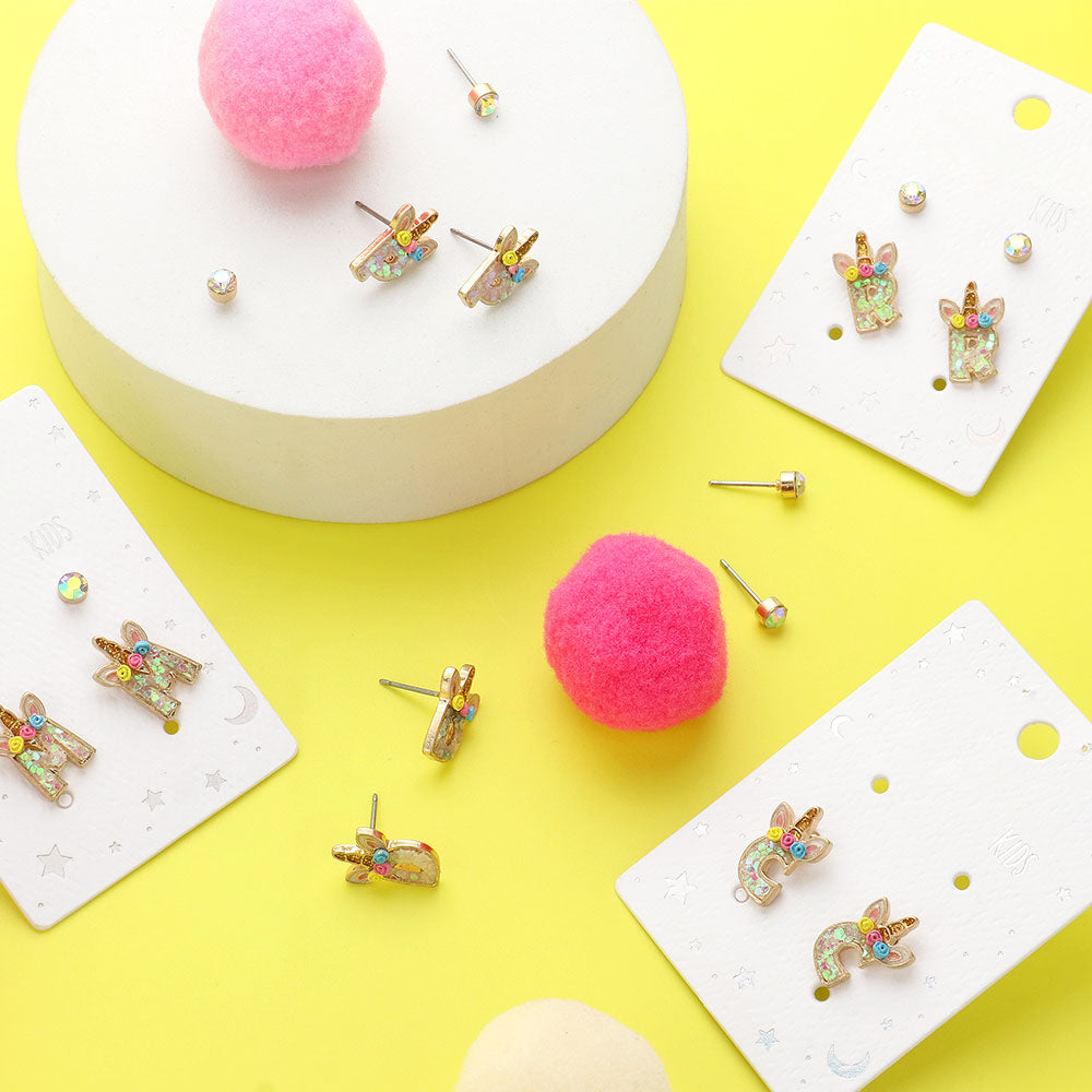 2Pairs - S Round Stone Unicorn Initial Monogram Stud Kids Earrings