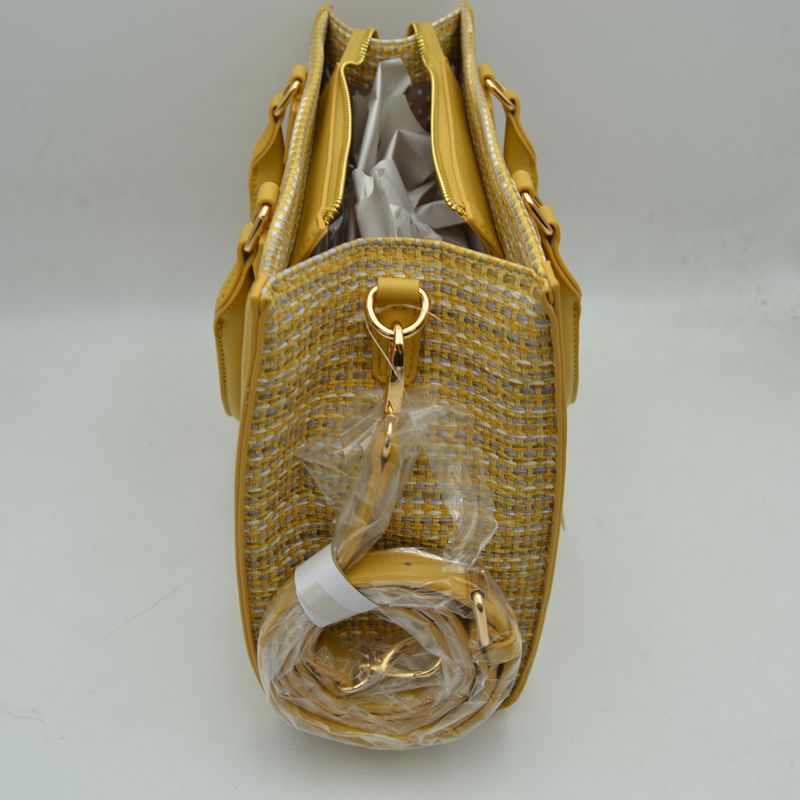 Woven Tweed Structured Laptop Tote Bag with Front Slip Pocket and Crossbody Strap