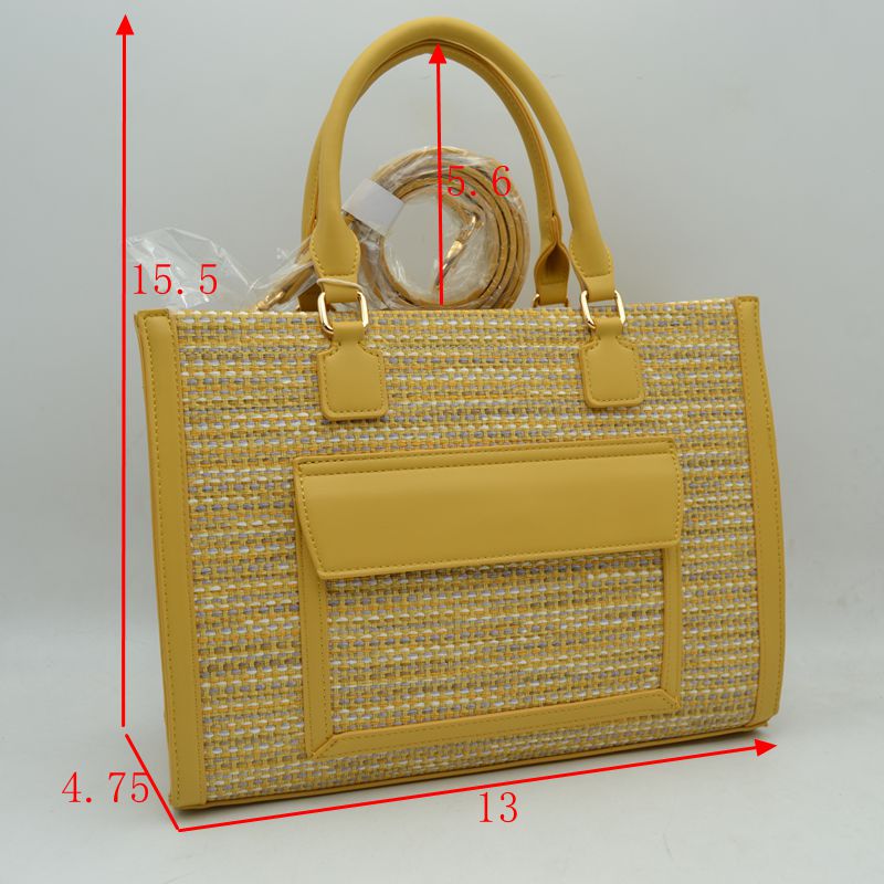 Woven Tweed Structured Laptop Tote Bag with Front Slip Pocket and Crossbody Strap