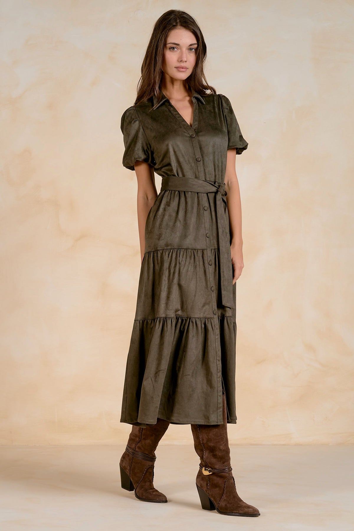 Janet Suede Midi Dress Olive