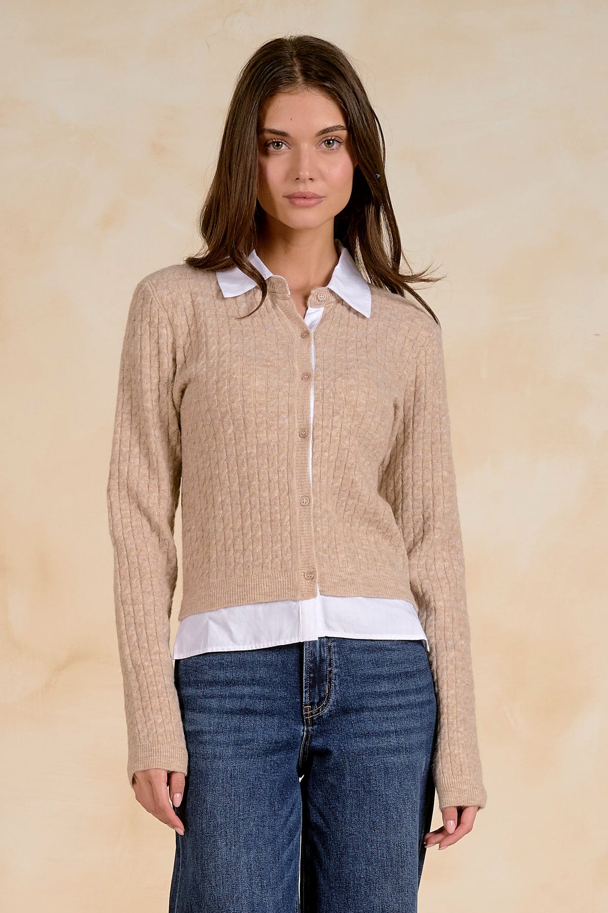 Solly Sweater Cardigan Tan White