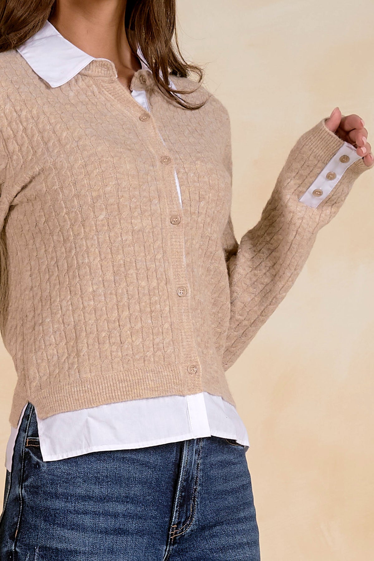 Solly Sweater Cardigan Tan White