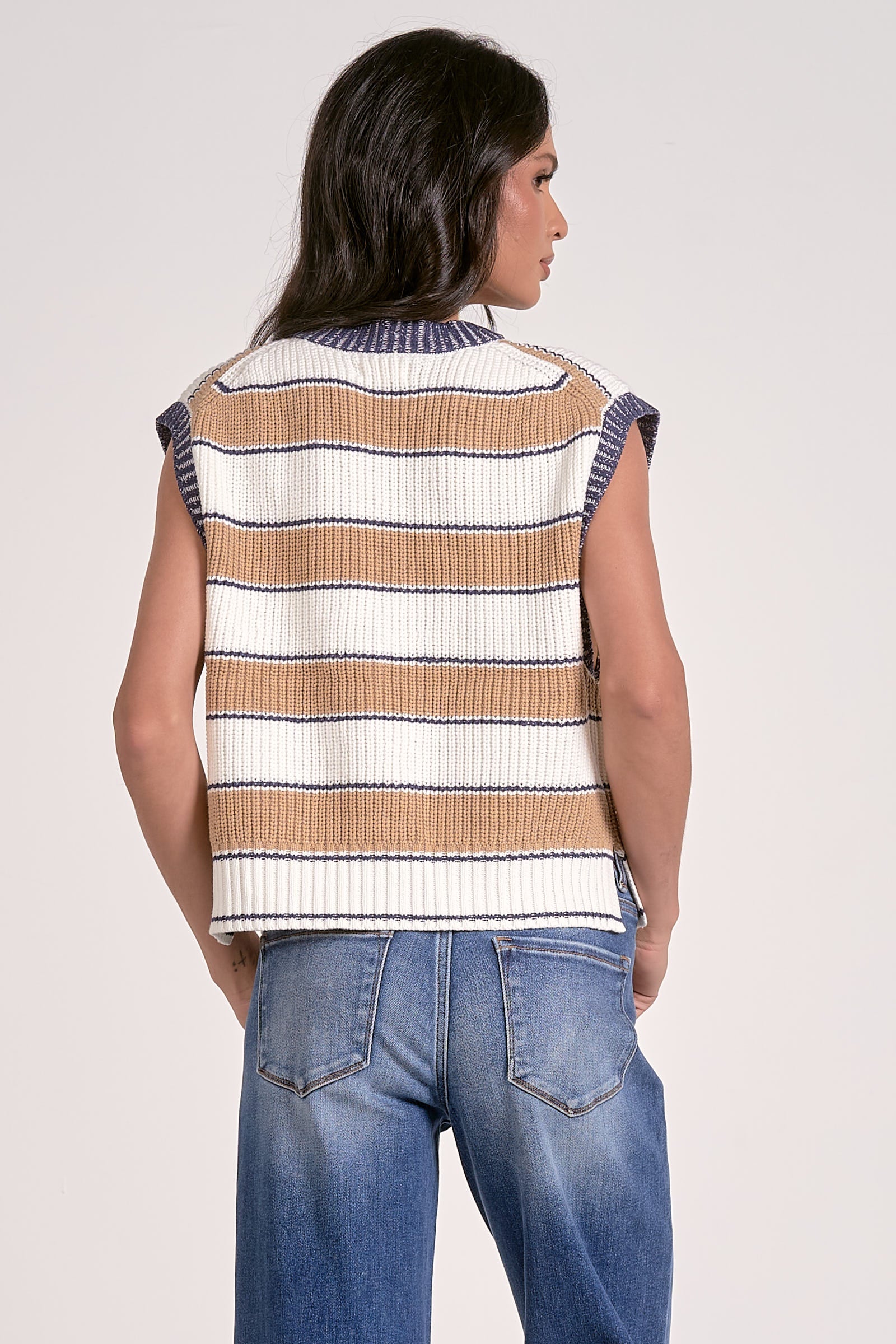 Slate Sleeveless Sweater Camel Stripe