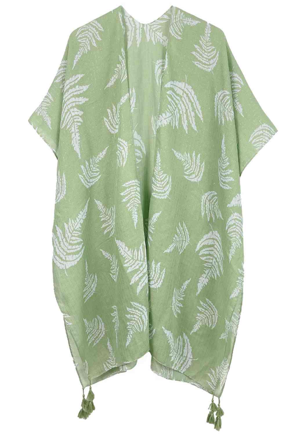 Leaf Print Two Tone Lurex Tassel Kimono