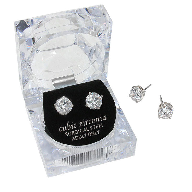 8mm Round Crystal Cubic Zirconia Stud Earrings in Clear Gift Box - Ready to Gift