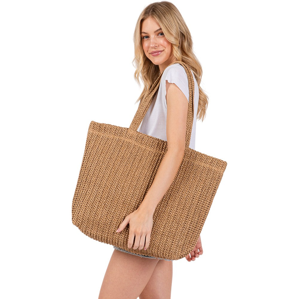 Women's Solid Crochet Straw Tote Bag / Beach