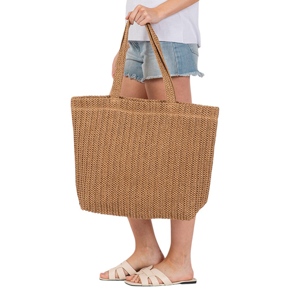 Women's Solid Crochet Straw Tote Bag / Beach