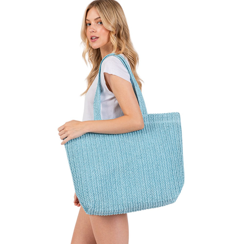 Women's Solid Crochet Straw Tote Bag / Beach
