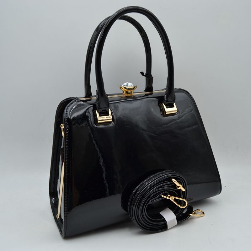 Patent Frame Satchel Handbag with Top Handles and Pearl Clasp