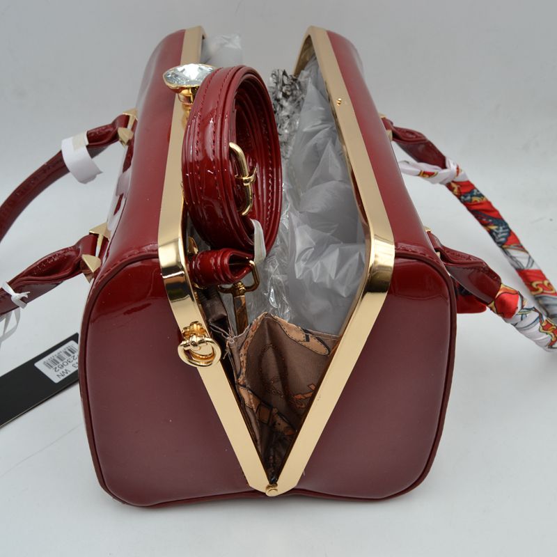 Glossy Patent Leather Barrel Handbag with Scarf-Wrapped Handle