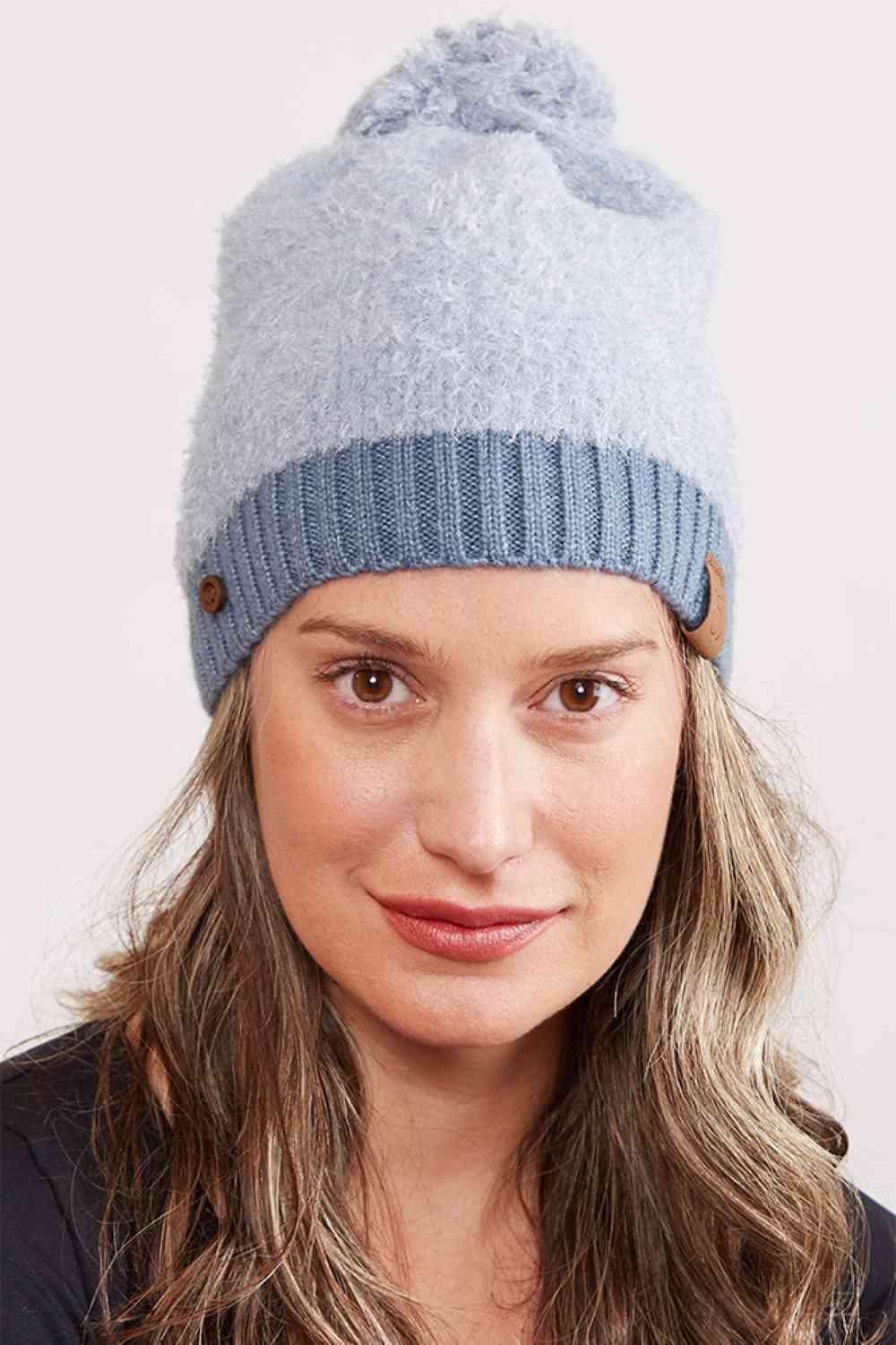 Furry Ribbed Brim Button Pom Hat