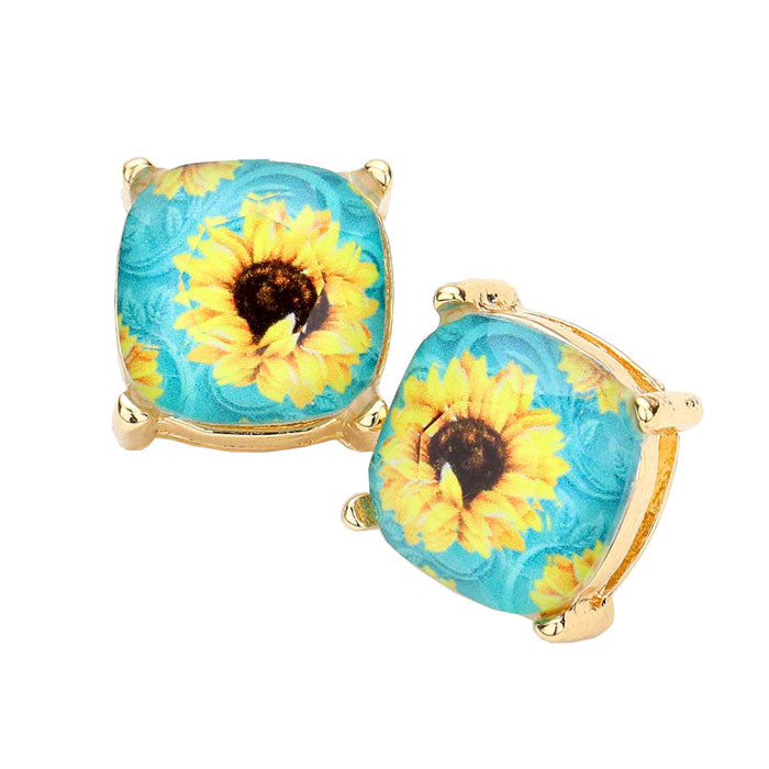 Sunflower Printed Square Stud Earrings