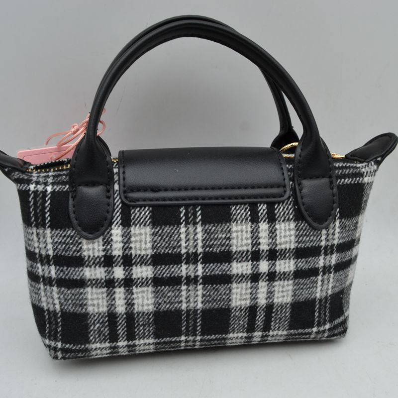Plaid Fabric Mini Satchel Bag with Snap Flap and Shoulder Strap