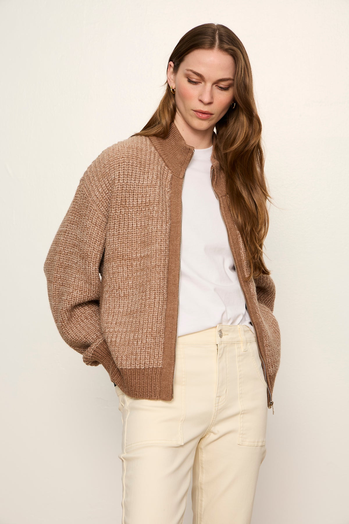 Sanctuary Zip Up Sweater Jacket in Heather Cocoa
