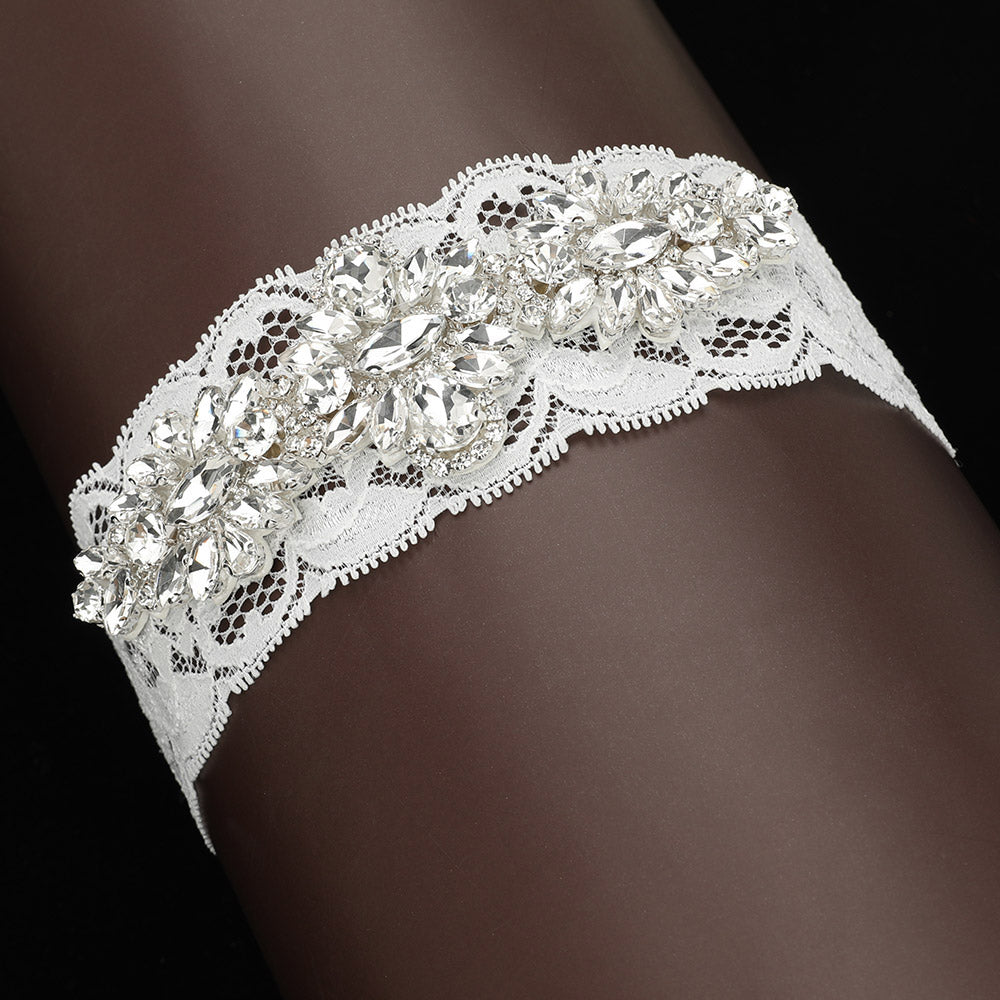 Teardrop Marquise Stone Cluster Embellished Lace Stretch Wedding Garter