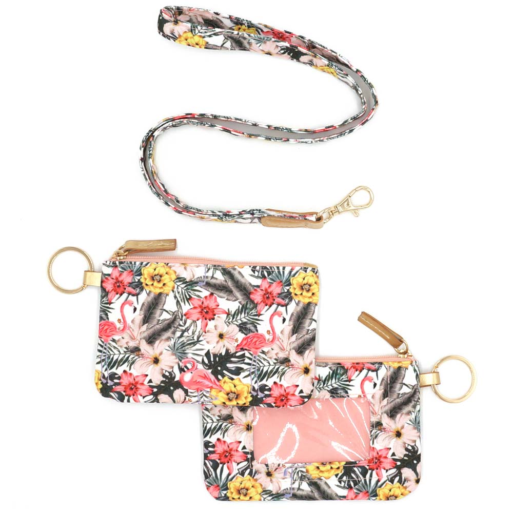 Flamingo Flower Patterned ID Wallet Detachable Lanyard
