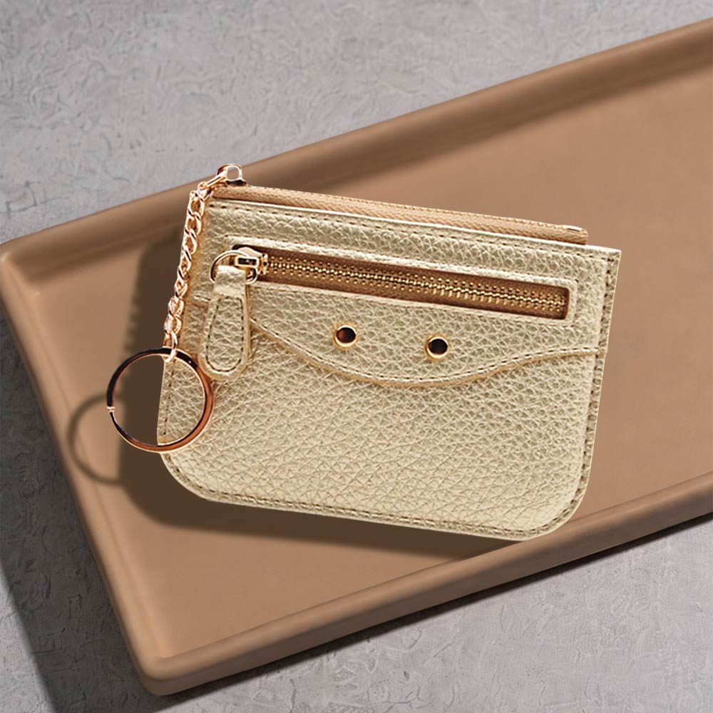 Compact Slim Faux Leather Zip Card Holder Wallet with Key Ring