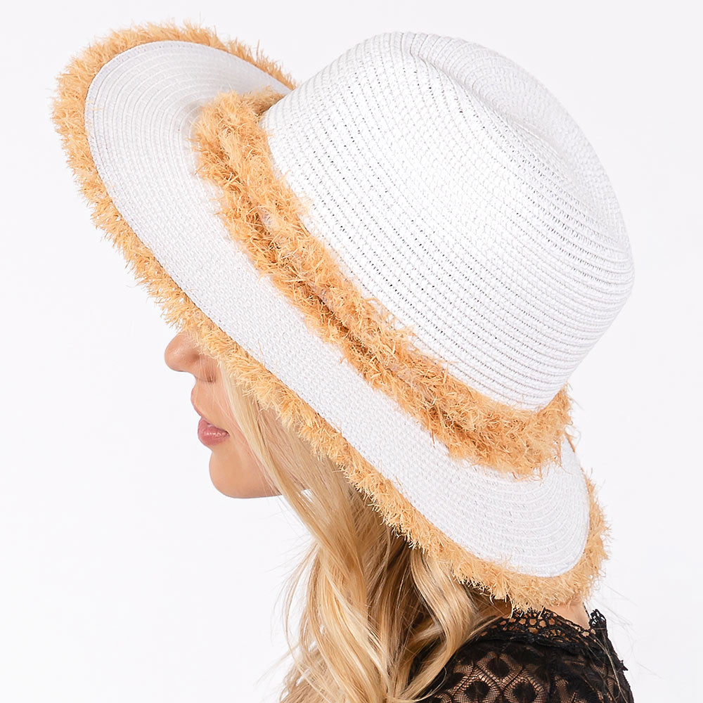 Frayed Band and Trip Straw Sun Hat