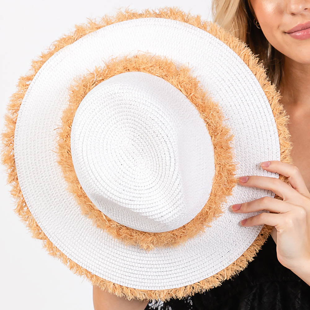 Frayed Band and Trip Straw Sun Hat