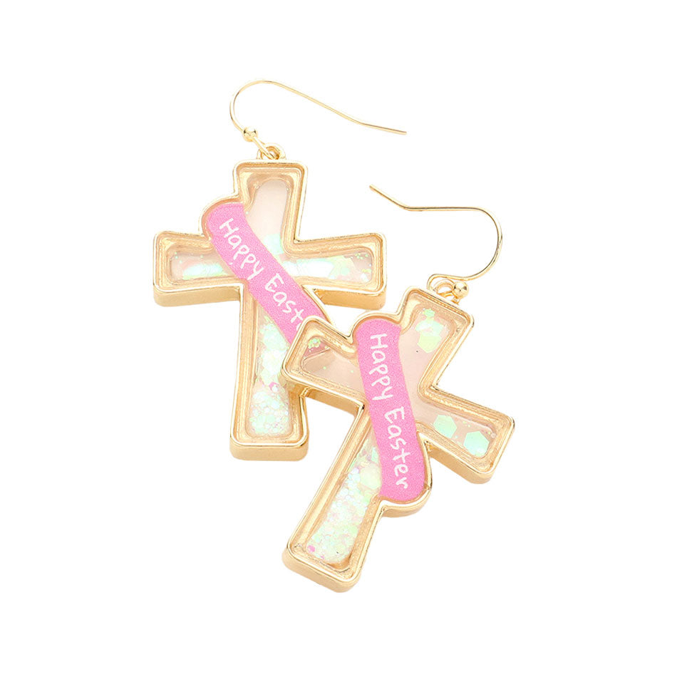 Happy Easter Message Confetti Cross Dangle Earrings