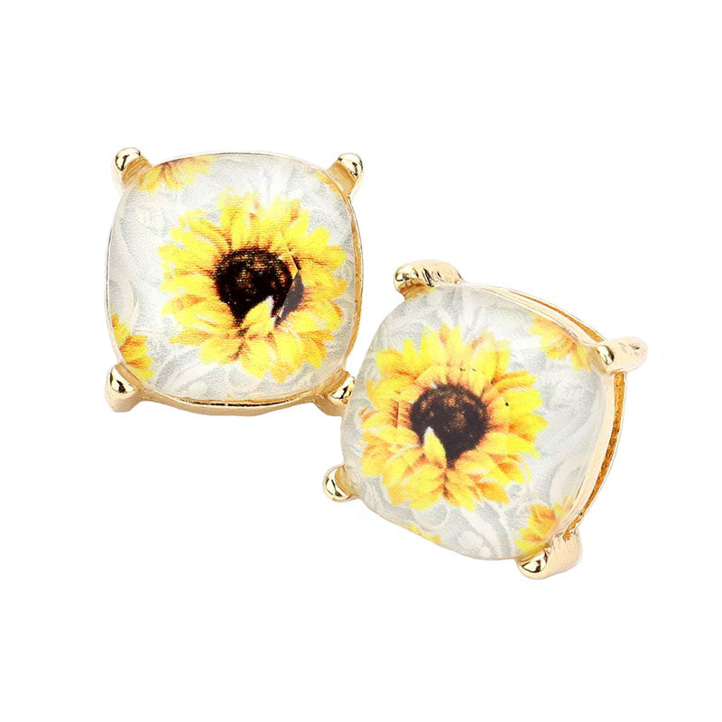 Sunflower Printed Square Stud Earrings
