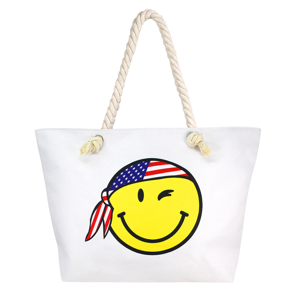 Smile Face With USA Bandana Print Beach Tote Bag