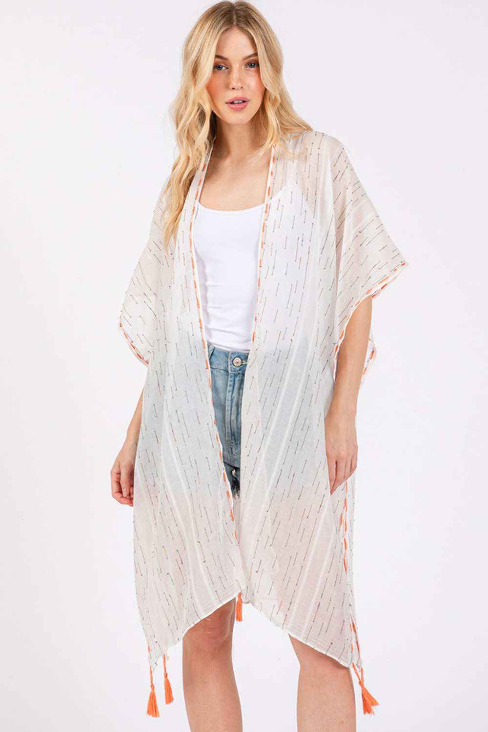 Colored Stitch Trim and Tassel Summer Kimono