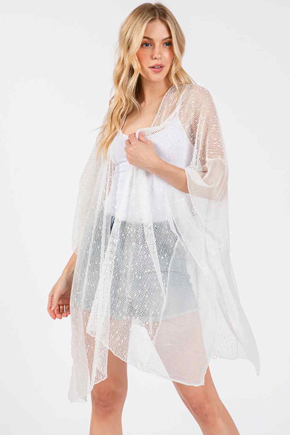 Embellished Sequin Solid Mesh Summer Cover Up