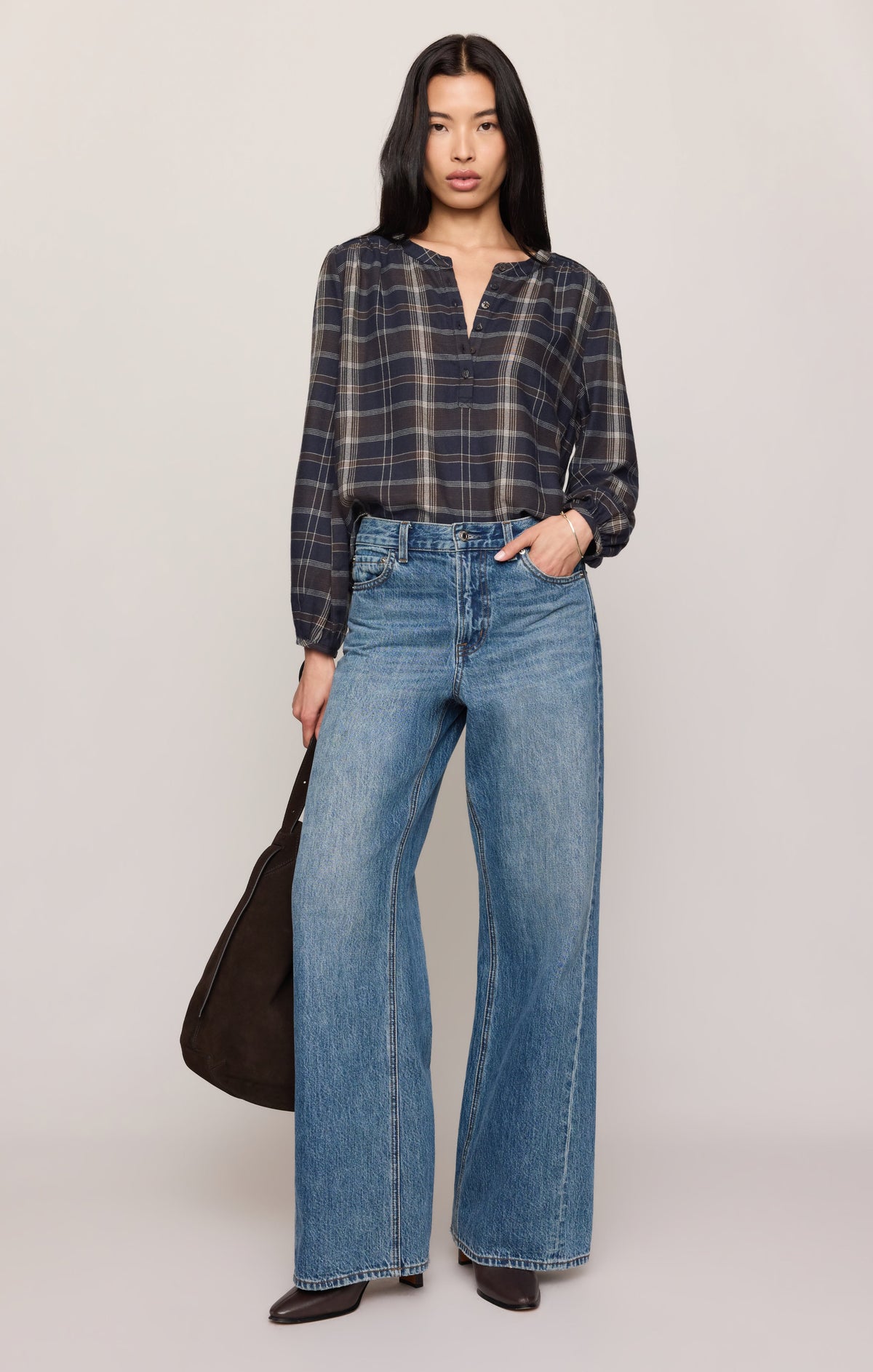 Autumn Plaid Henley Blouse in Eclipse