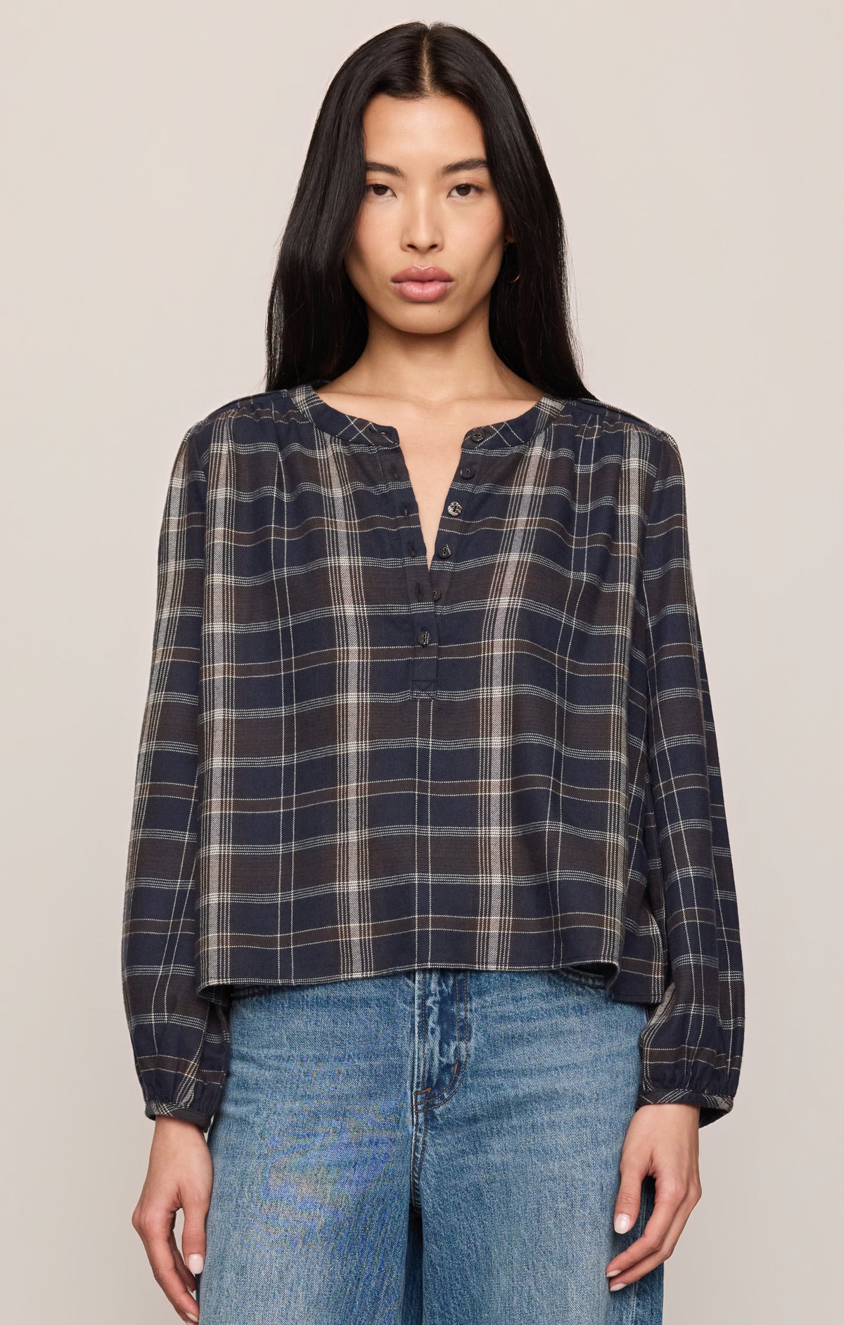 Autumn Plaid Henley Blouse in Eclipse