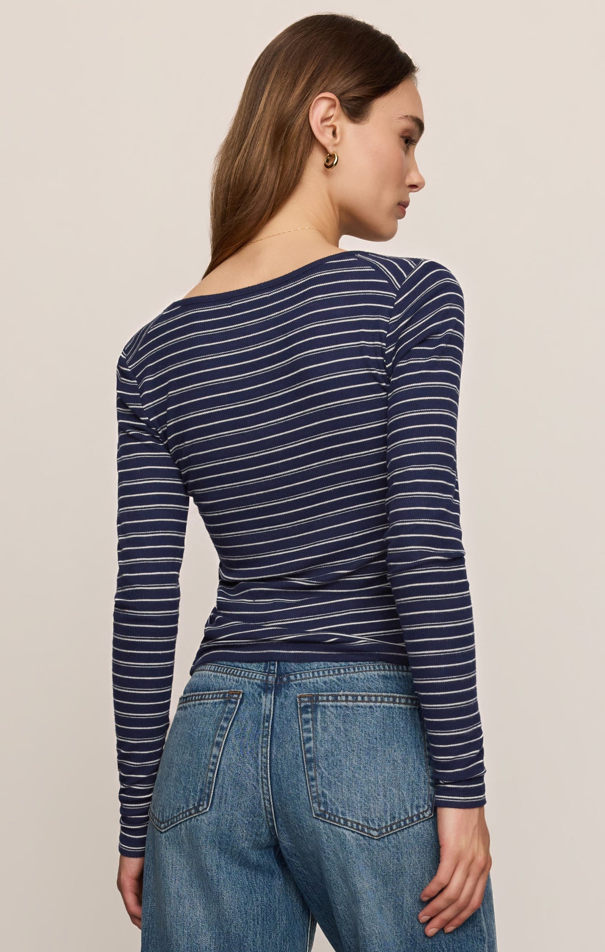 Andie Striped Henley Top in Oxford Blue