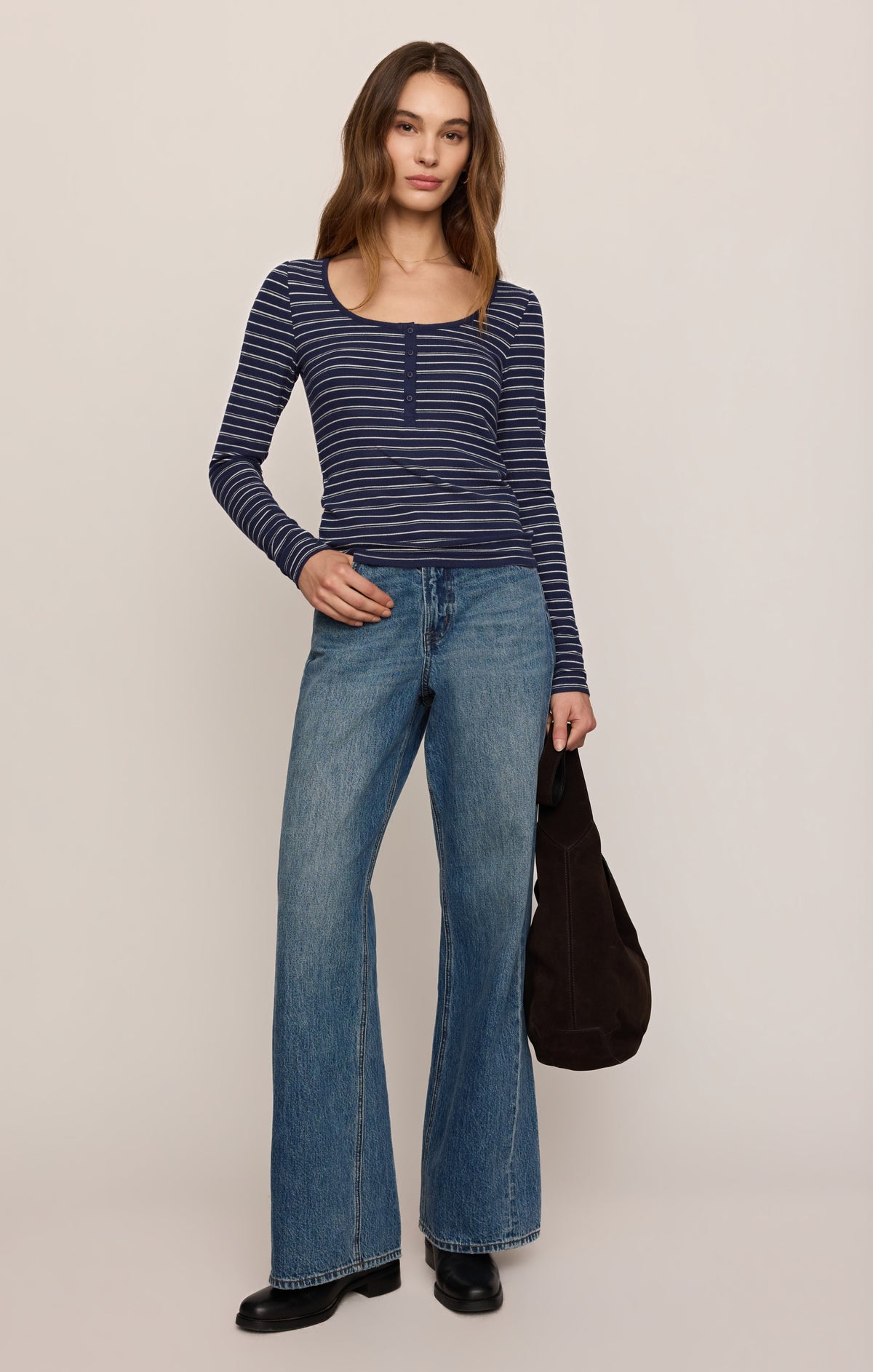 Andie Striped Henley Top in Oxford Blue