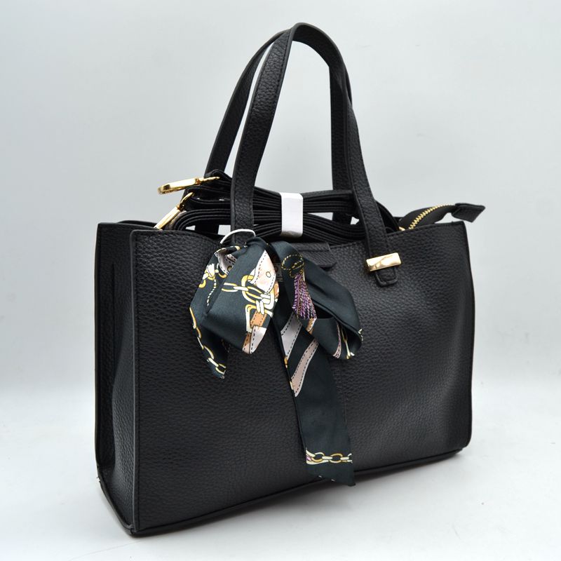 Pebbled Tote Bag with Dual Top Handles and Scarf Accent