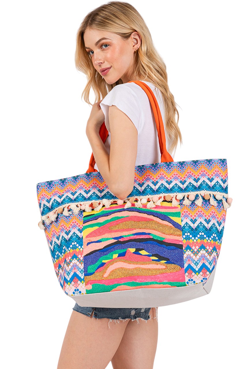 Abstract Boho and Bead Print Pom Pom Tote Bag
