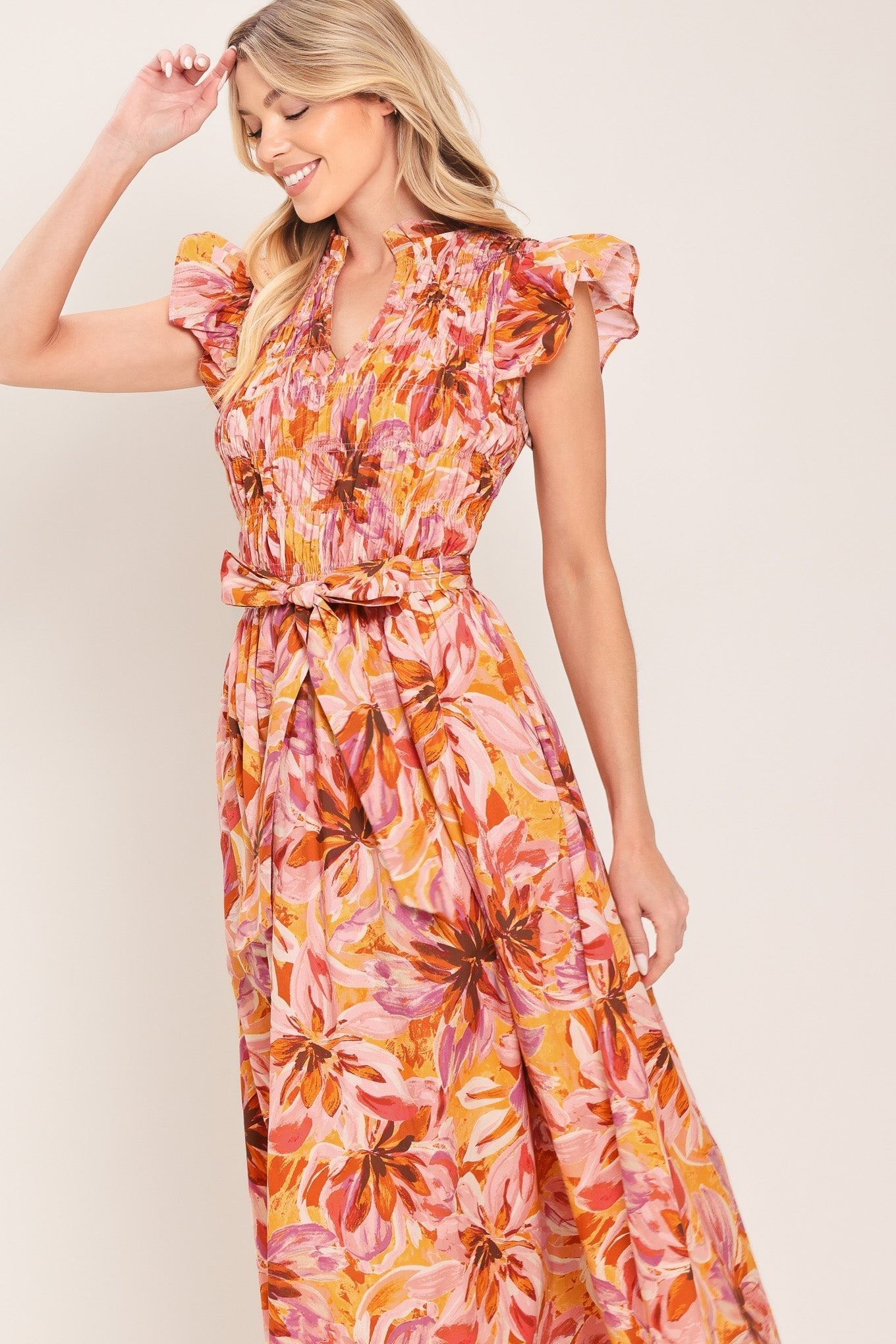APRICOT BLOSSOM WOVEN MIDI DRESS by Flying Tomato at Shirley Shoppe