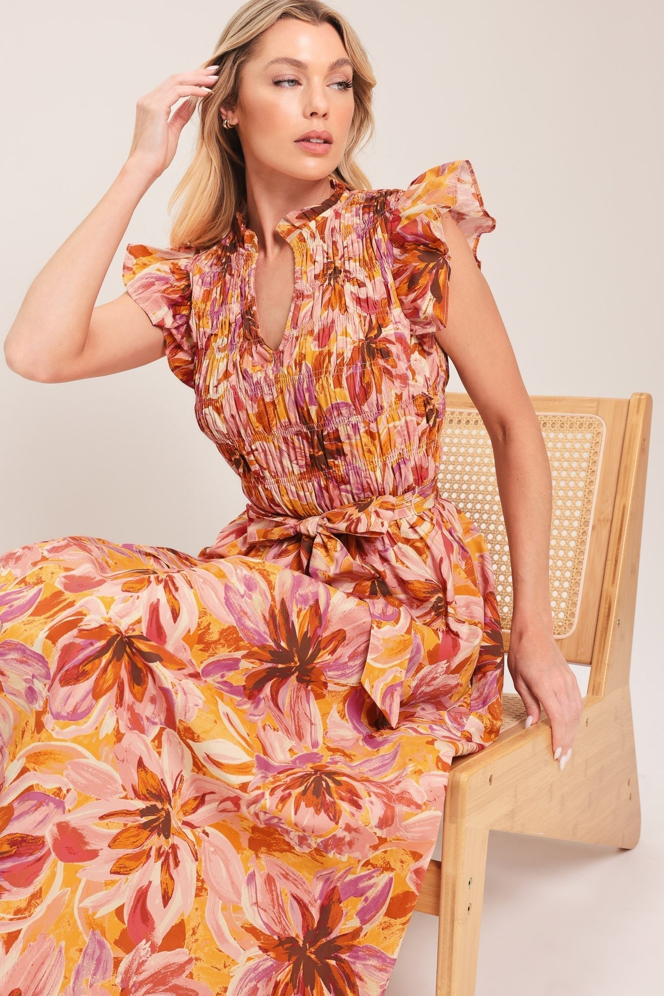 APRICOT BLOSSOM WOVEN MIDI DRESS by Flying Tomato at Shirley Shoppe
