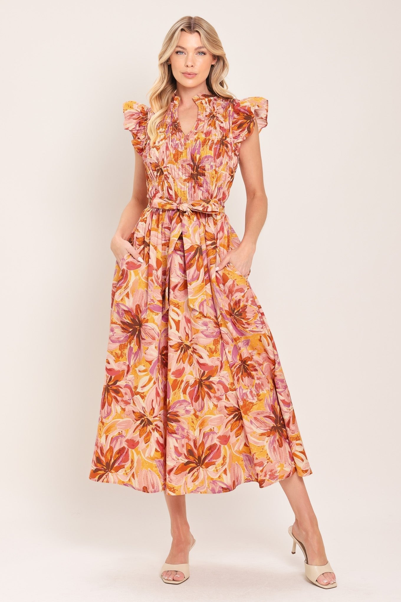 APRICOT BLOSSOM WOVEN MIDI DRESS by Flying Tomato at Shirley Shoppe