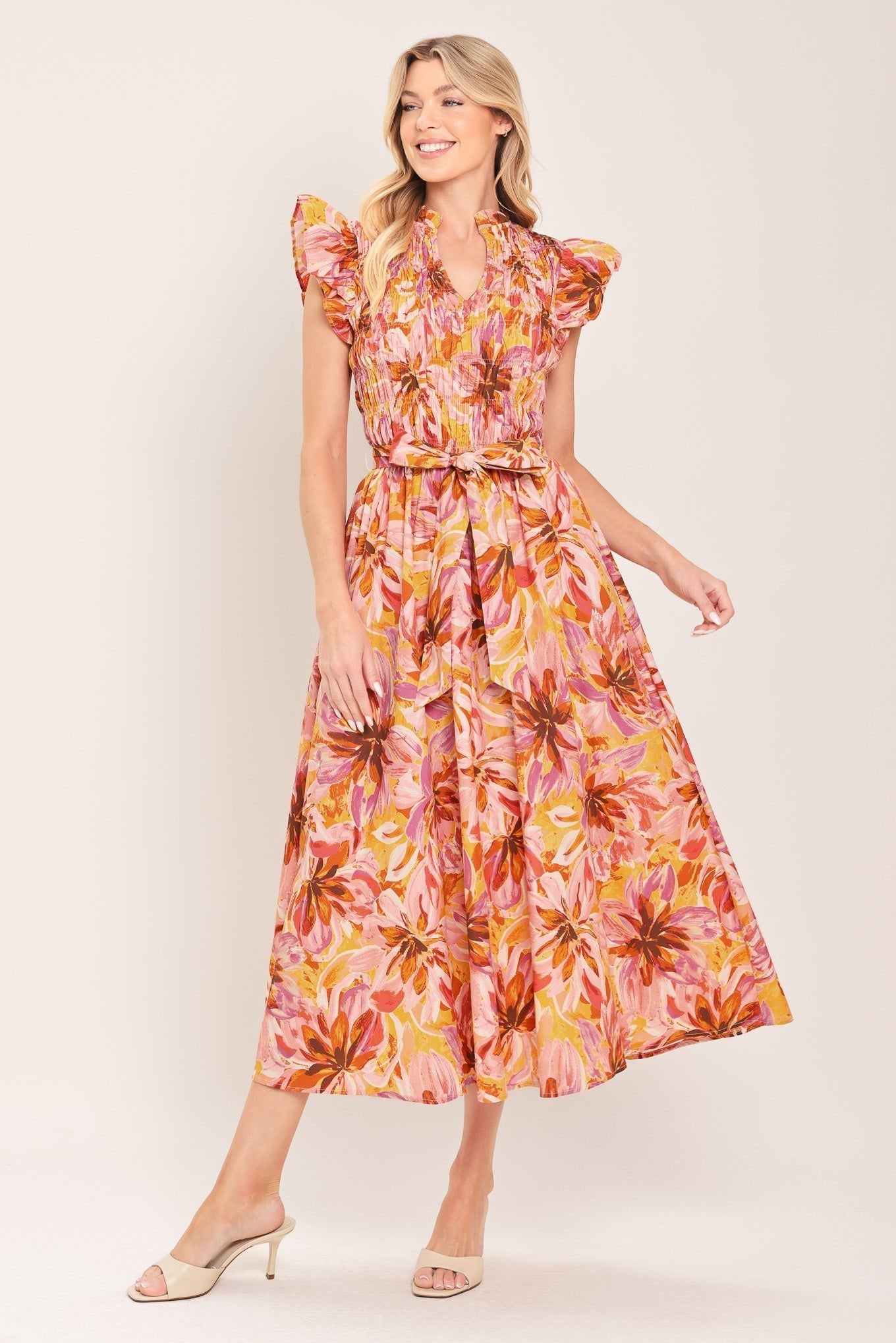 APRICOT BLOSSOM WOVEN MIDI DRESS by Flying Tomato at Shirley Shoppe