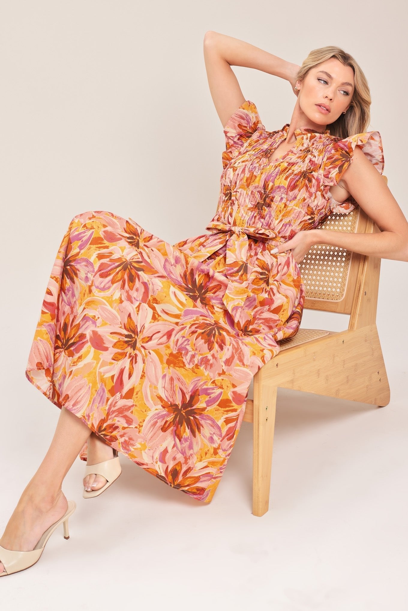 APRICOT BLOSSOM WOVEN MIDI DRESS by Flying Tomato at Shirley Shoppe