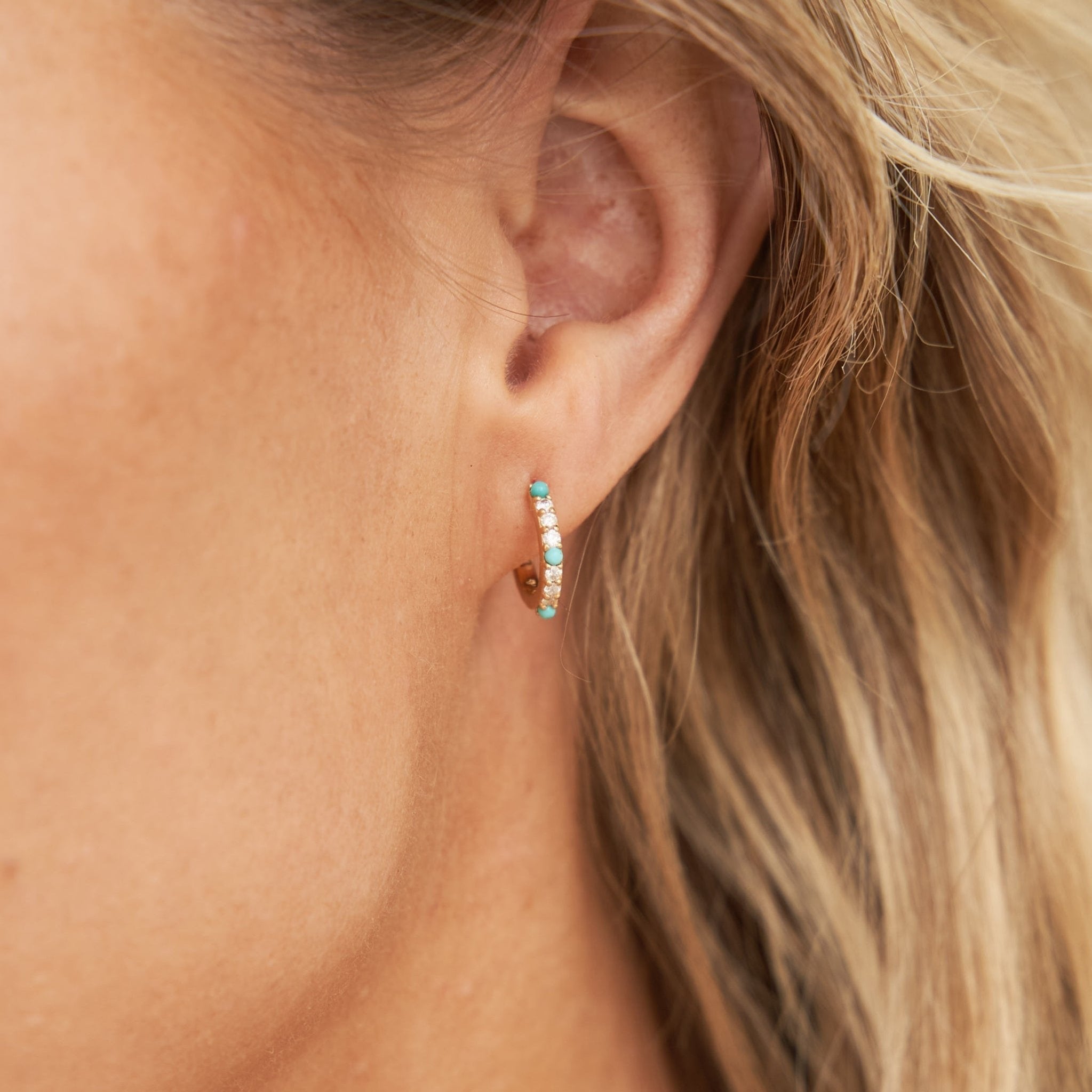 Ashton 14K Gold Turquoise Huggies with White Diamonds by Christina Greene at Shirley Shoppe